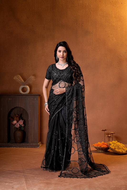 Party-wear Charming Beads Sequence & Pearl Embroidery Work Saree
