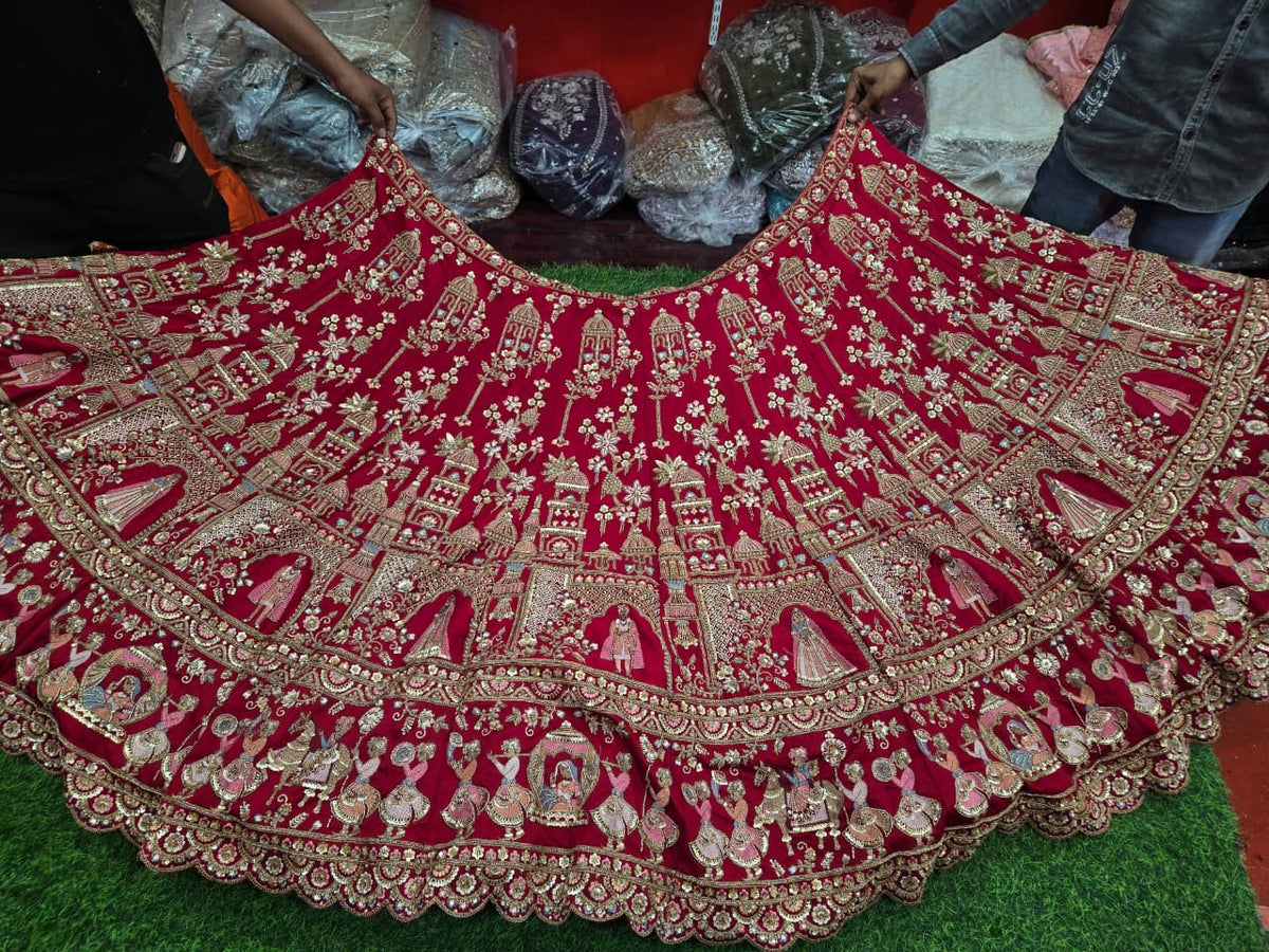 Dabka Zardosi Beads Handwork Rani Hot Pink Maroon Cherry Red Rust Orange Latest Bridal Lehenga