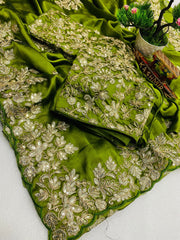 Beautiful Pure Rangoli Silk Embroidery Work Saree