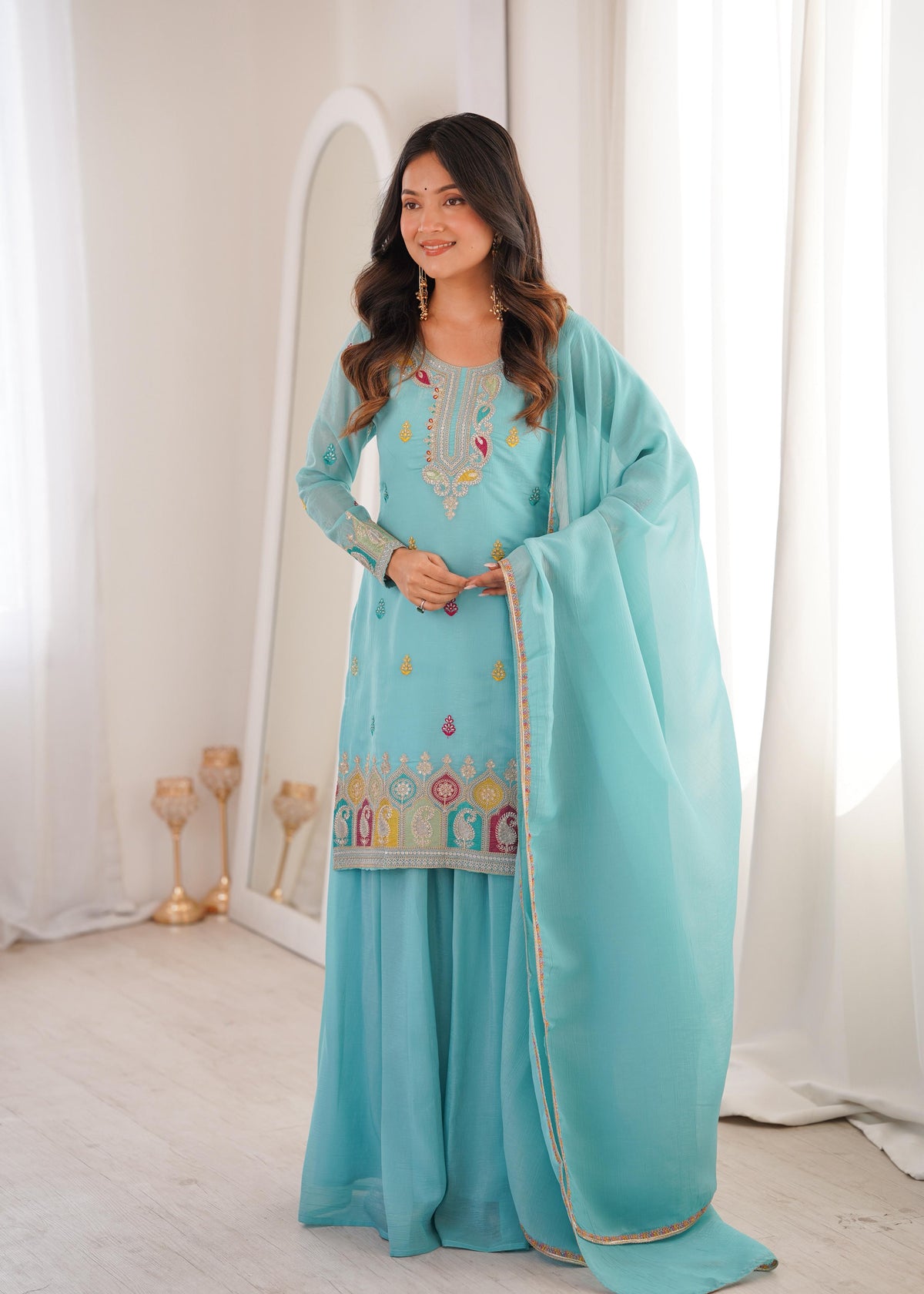 Sky Blue Heavy Embroidered Crunchy Silk Sharara Suit Set