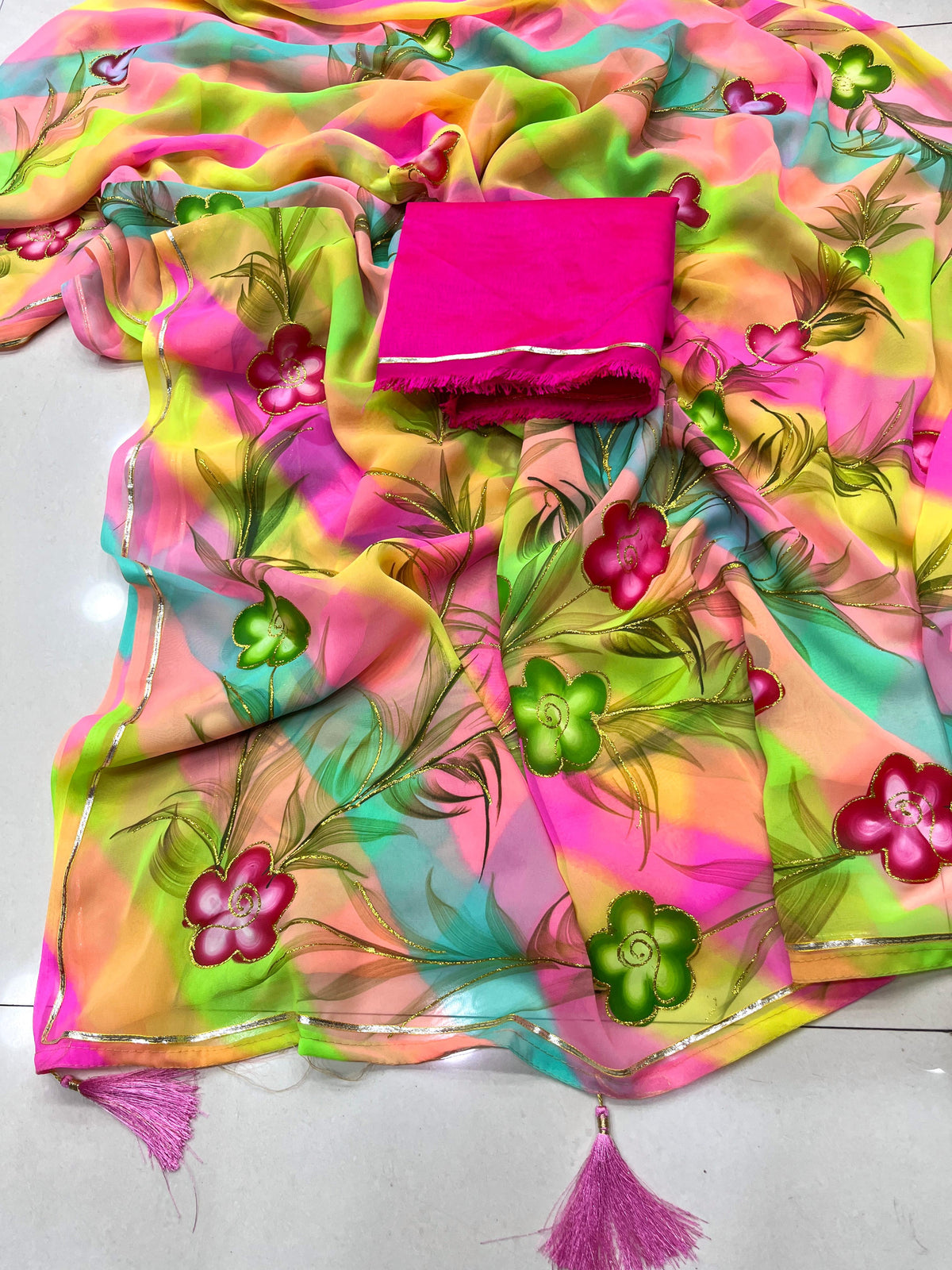 Beautiful Soft Georgette Pachrangi Lehriya Brush Printed And Zari Work Saree