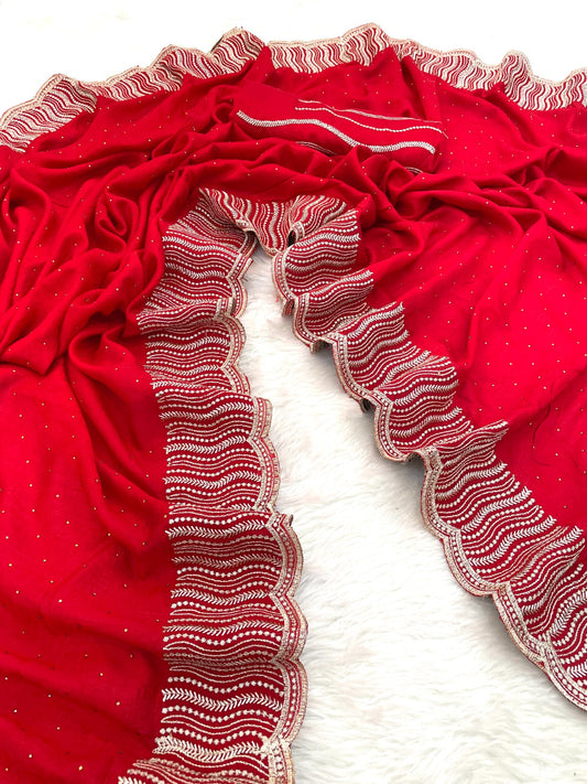 Beautiful Vichitra Silk Zari Work & Stone Work Saree