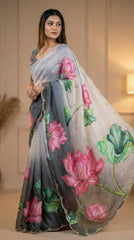 Beautiful Soft Organza With Floral Prints & Beads Katdana Handwork Border Saree