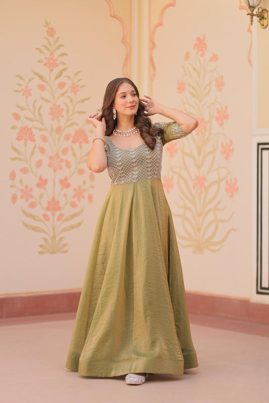 Beautiful Party-wear Fendy Designer With Beads Embroidered Work Gown