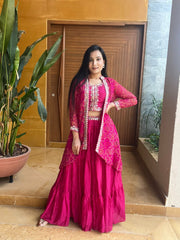 Festival Bandhej Embroidery Thared Work Lehenga Choli With Shrug