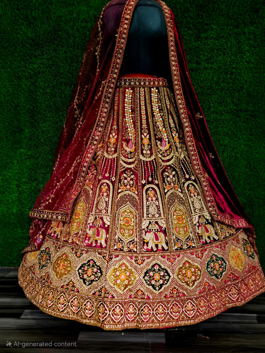 Maroon Heavy Silk Velvet Patch Work Cutting Pasting Zarkan Diamond Work Double Cancan Dulhan Bridal Lahenga