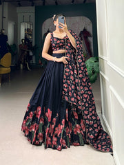 Beautiful Traditional Tussar Silk Floral Print With Foil Work Lehenga Choli