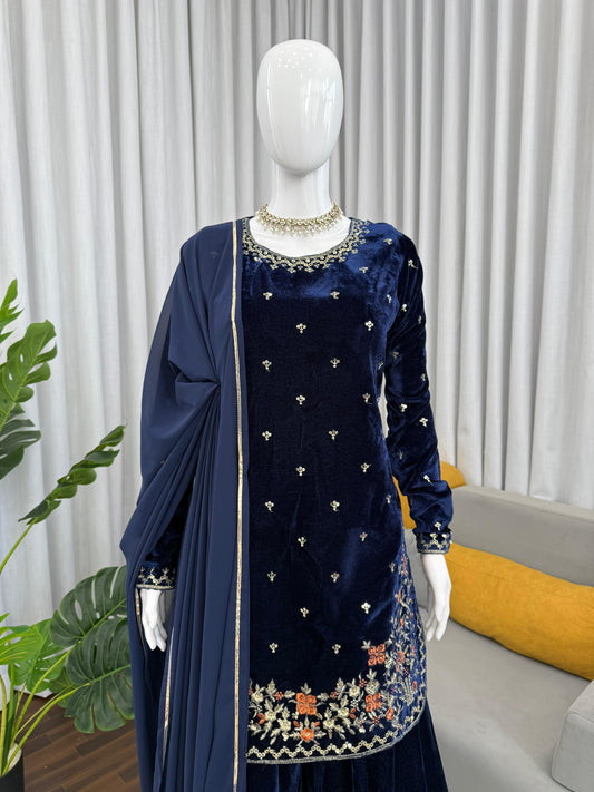 Winter Special Viscose Velvet Thread With Sequence Work Suit