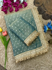Party-wear Moss Fendy Chiffon Beautiful Silver Zari Weaving Saree