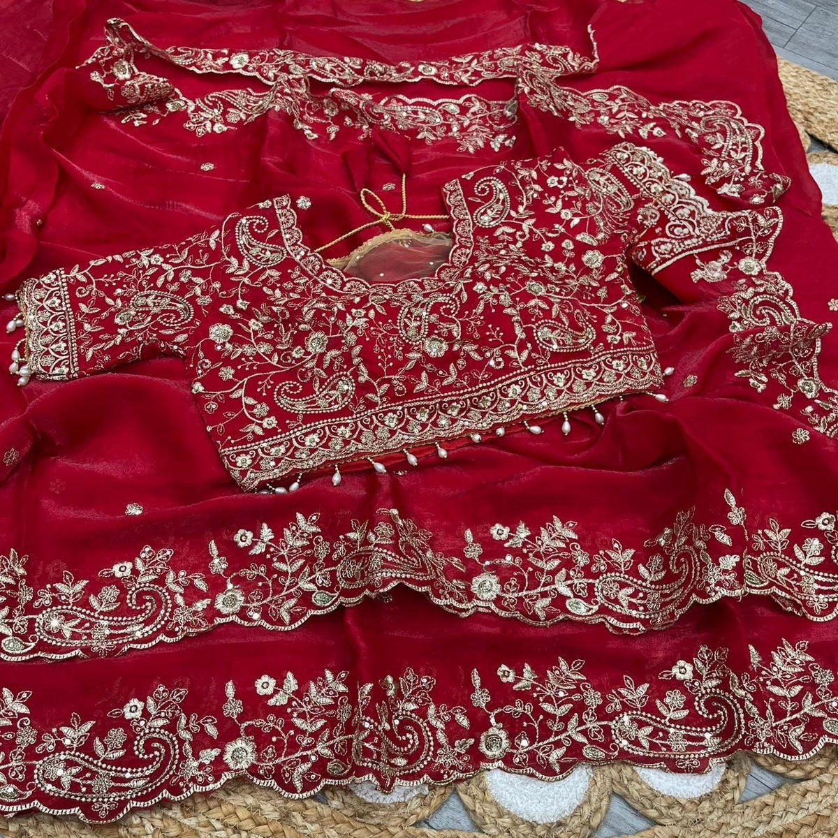 Party-wear Fendy Satin Silk Embroidery & Sequence Work Saree With Stitched Blouse