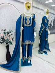 Designer Party Wear Chinon Silk Embroidery Codding & Sequins Work Dress