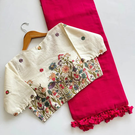 Beautiful Khadi Cotton Saree With Heavy Embroidery Work Stitched Blouse