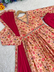 Elegant Floral Digital Printed Chinon Party Wear Gown Set With Dupatta