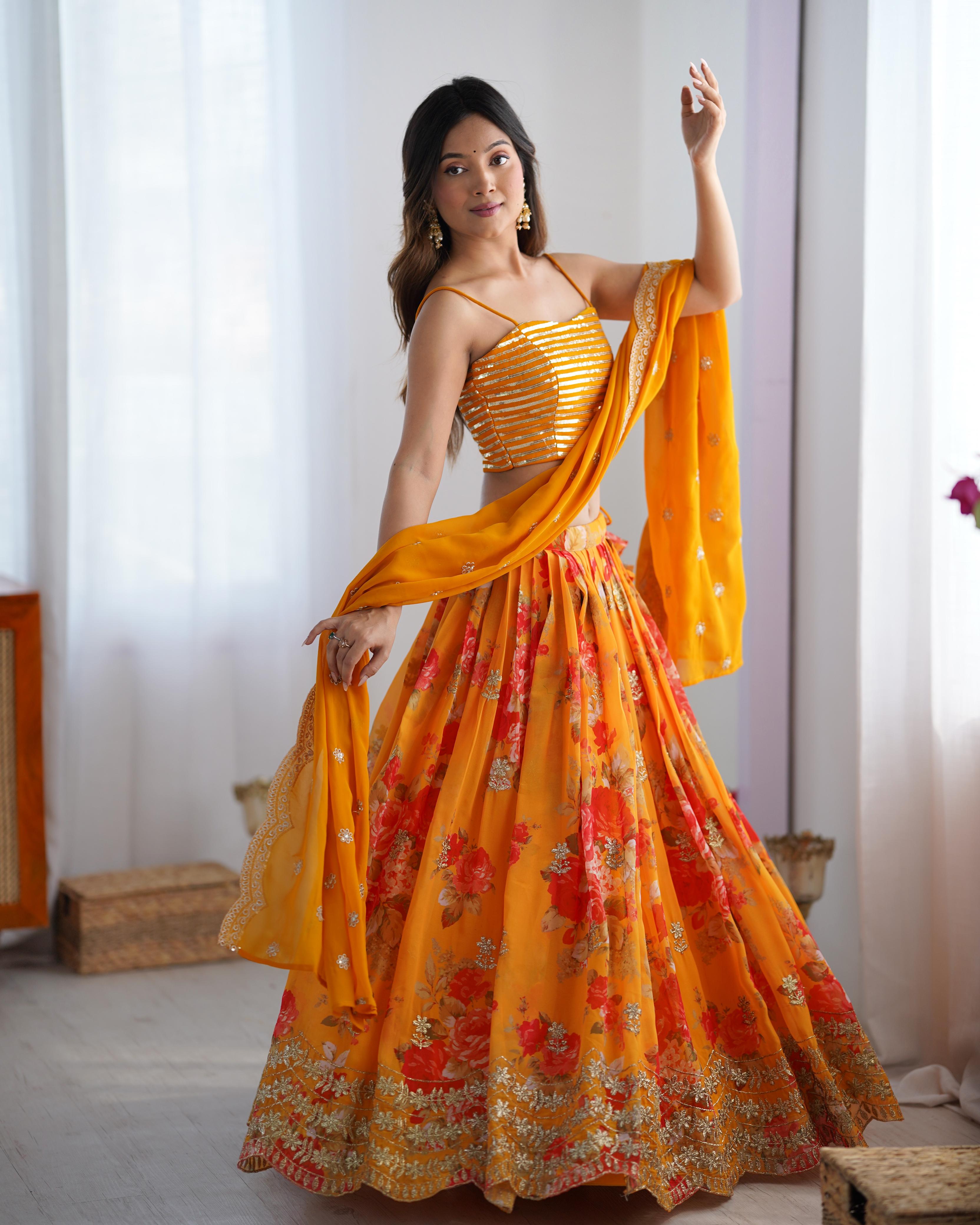 Trendy Stylish Georgette With Digital Printed Yellow Lehenga Choli