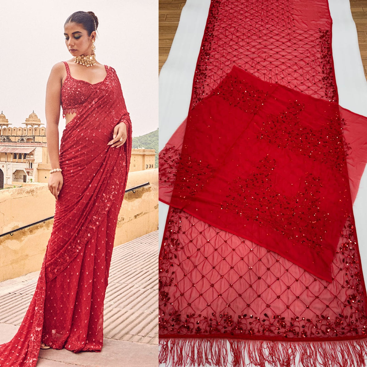 Party-wear Bollywood Style Georgette Sequence Multi Embroidery Work Saree