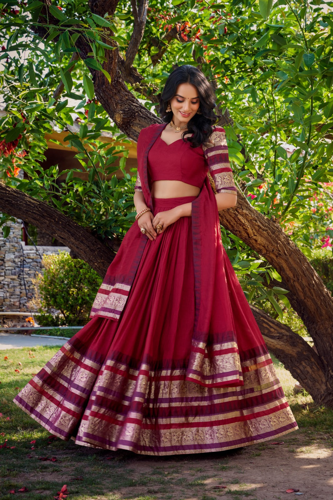 Beautiful Pure Chanderi Plain With Zari Weaving Work Border Lehenga Choli