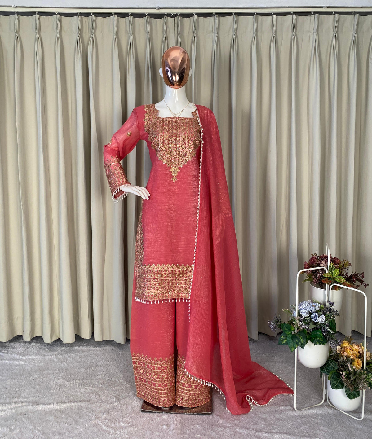 Wedding Special Crunchy Cording With sequence Embroidery Work Palazzo Set