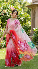 Beautiful Soft Organza With Floral Prints & Beads Katdana Handwork Border Saree