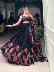 Beautiful Traditional Tussar Silk Floral Print With Foil Work Lehenga Choli
