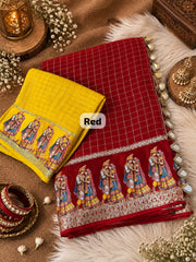 Beautiful Viscose Check With & Golden Zari Work Dulha & Dulhan Designer Saree