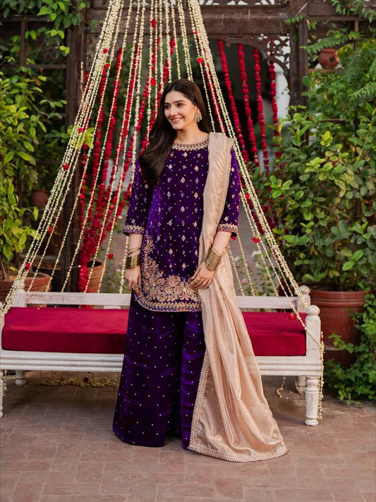 Elegant Ethnic Viscose Velvet Thread & Sequence With Pearl Work Suit