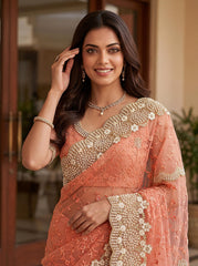 Party-wear Net Embroidery With Pearls Diamond Work Saree