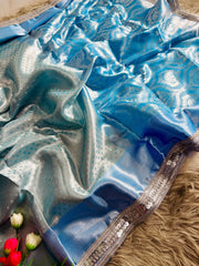 Elegant Sky Blue Banarasi Tissue silk With Silver Zari Checks Saree