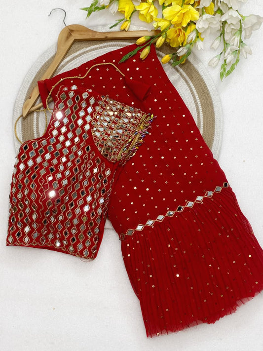 Bollywood Stylish Georgette Sequence Embroidery Work Saree With Stitched Blouse