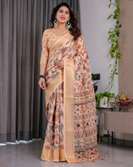Beautiful  Pure Hand-loom Linen Digital Floral Printed Saree