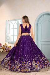 Party-wear Purple Chinon Silk Embroidery Sequence & Thread Work Lehenga