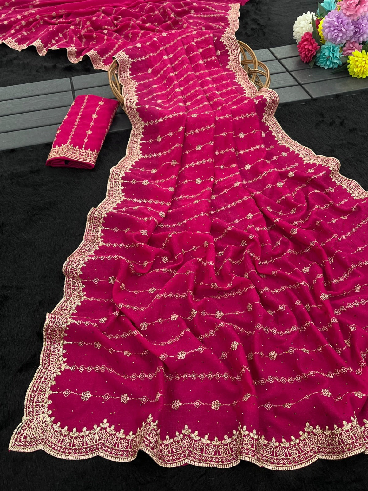 Party-wear Blooming Vichitra Silk Zari & Stone Work Saree