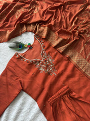 Beautiful Rust Orange Roman Silk Hand Work Dress