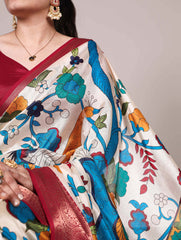 Beautiful Tussar Silk Printed With Zari Weaving Work Saree