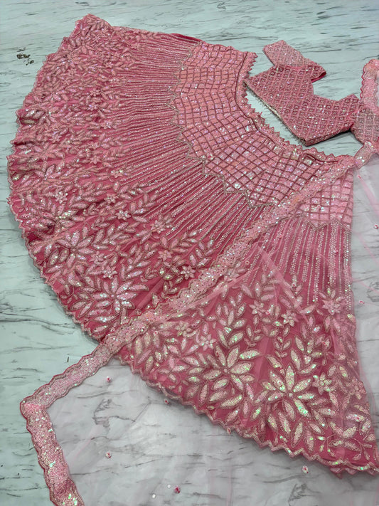 Pretty Pink Designer Net Embellished With Embroidery Work Lehenga Choli