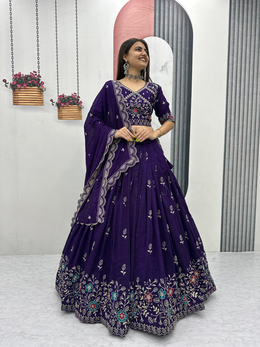 Festive Special Vichitra Silk Embroidery Thread Work Lehenga With Stitched Blouse