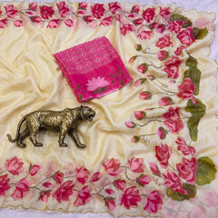 Beautiful Soft Tabby Silk Floral Prints With Beads & Katdana Handwork Saree