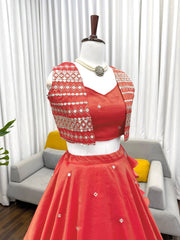 Trending Rust Orange Stunning Simmer Silk Designer Lehenga With Koti