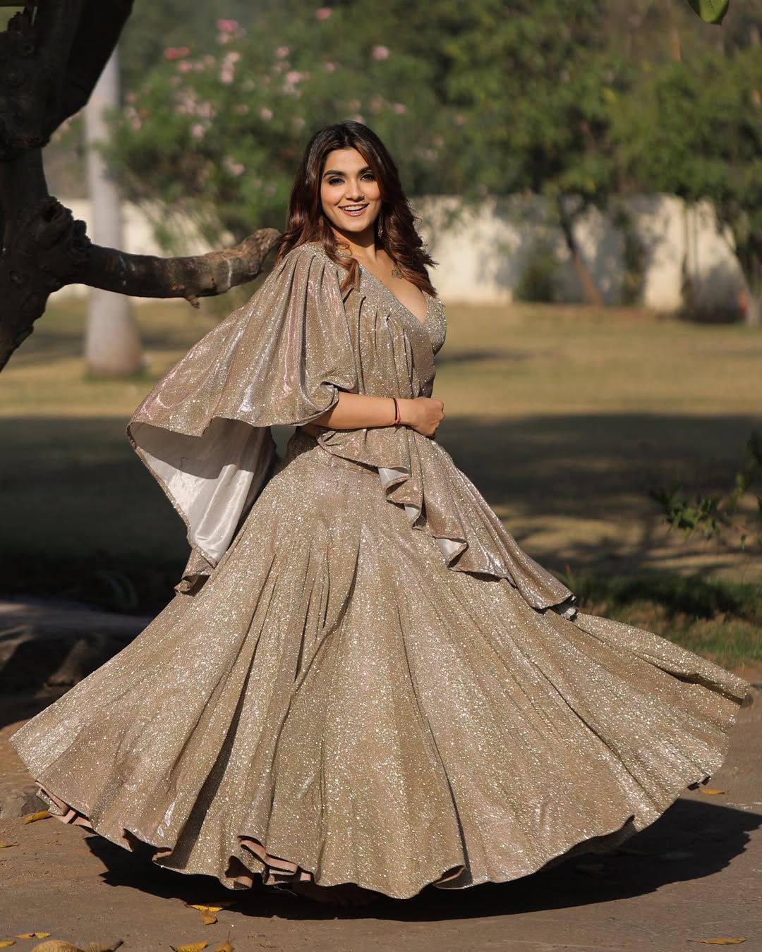 Party Wear Bridal Indo Western Lehenga Choli with Chine Stitch & Mirror Work
