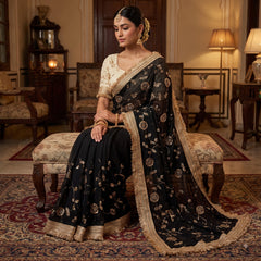 Designer Pure Space Silk Gold Beeds Work Saree