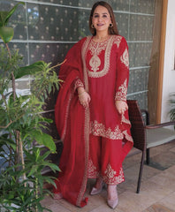 Designer Party Wear Chinon Silk Embroidery Codding & Sequins Work Dress