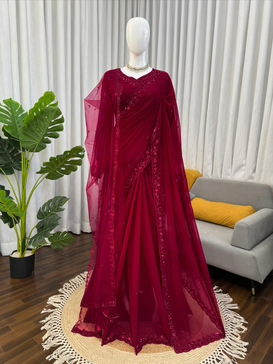 Elegance Redefined Red Georgette Thread & Sequence Work Saree