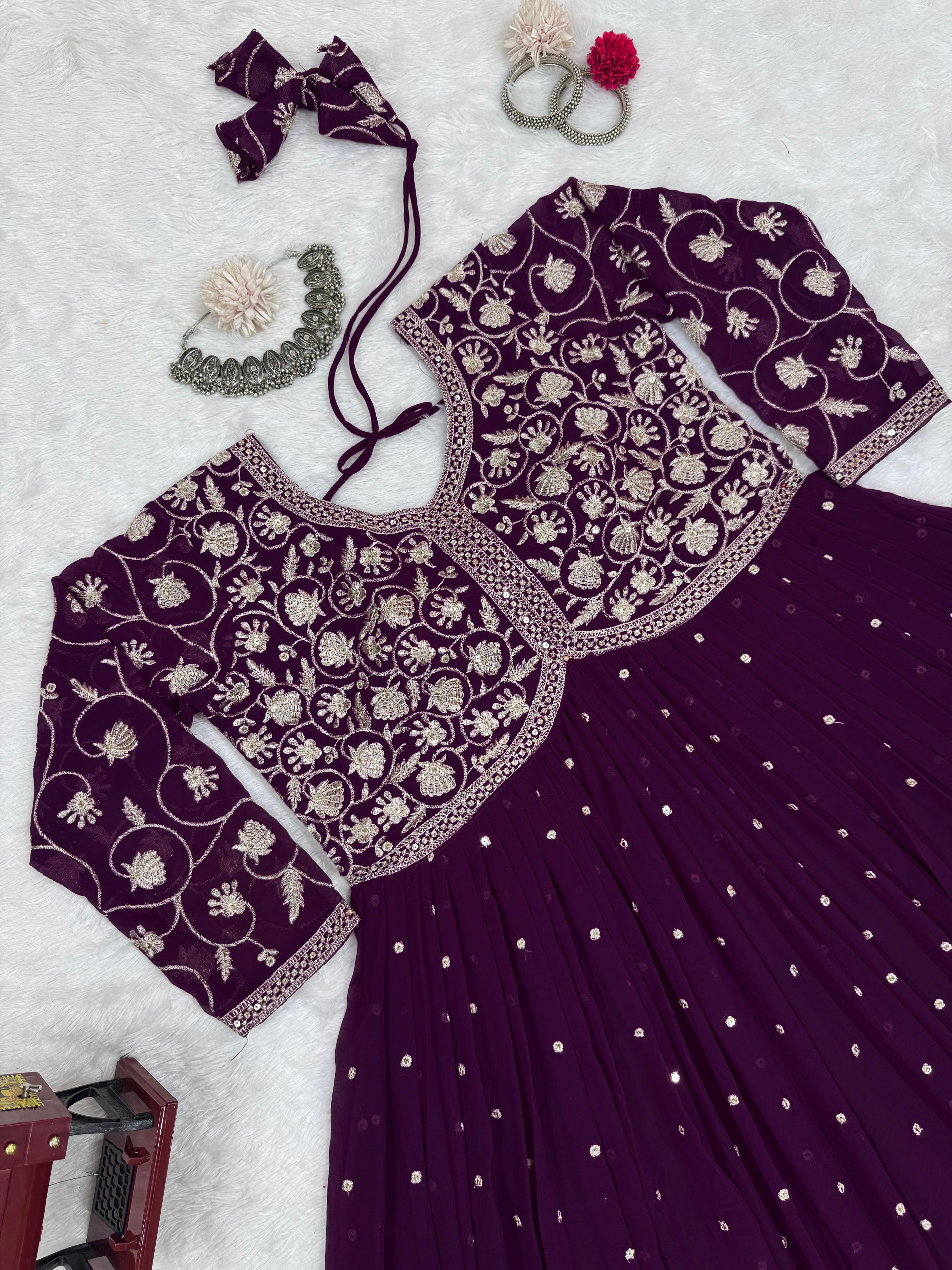 Beautiful Purple Colour Georgette Thread With Sequence Work Gown