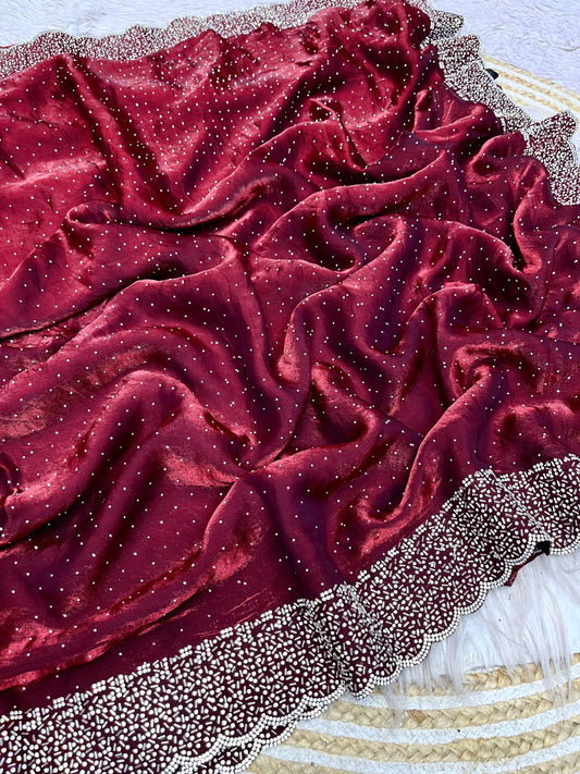 Beautiful Space Soft Silk Blooming With Zarkhan With Siroski Work Saree