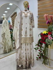 Designer Party-wear Chinon Silk Embroidery & Sequence Work Sharara Suit