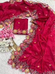 Party-wear Soft Tussar Silk Thread Embroidery Work Saree