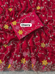 Beautiful Satin Chiffon Chainstiched Work Saree
