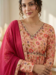 Elegant Floral Digital Printed Chinon Party Wear Gown Set With Dupatta
