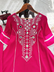 Stylish Charming Rayon Cotton Thread With Real Mirror Work Dress