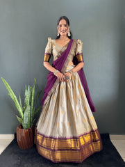 South Indian Festival Special Cotton Big Border Woven Half Saree