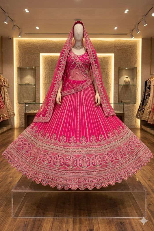 Pink Trending Premium Silk With Zarkan Diamond & Embroidery Work Bridal Lehenga